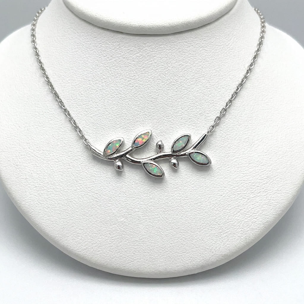 Adjustable 40-45 cm sterling silver olive leaves necklace with white opals