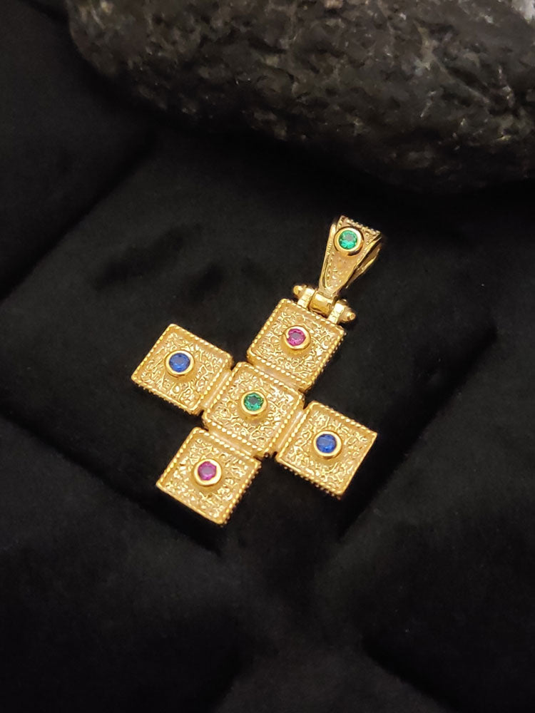 "Handmade Greek Byzantine cross necklace, 18x18 mm, crafted from sterling silver and gold plated."
