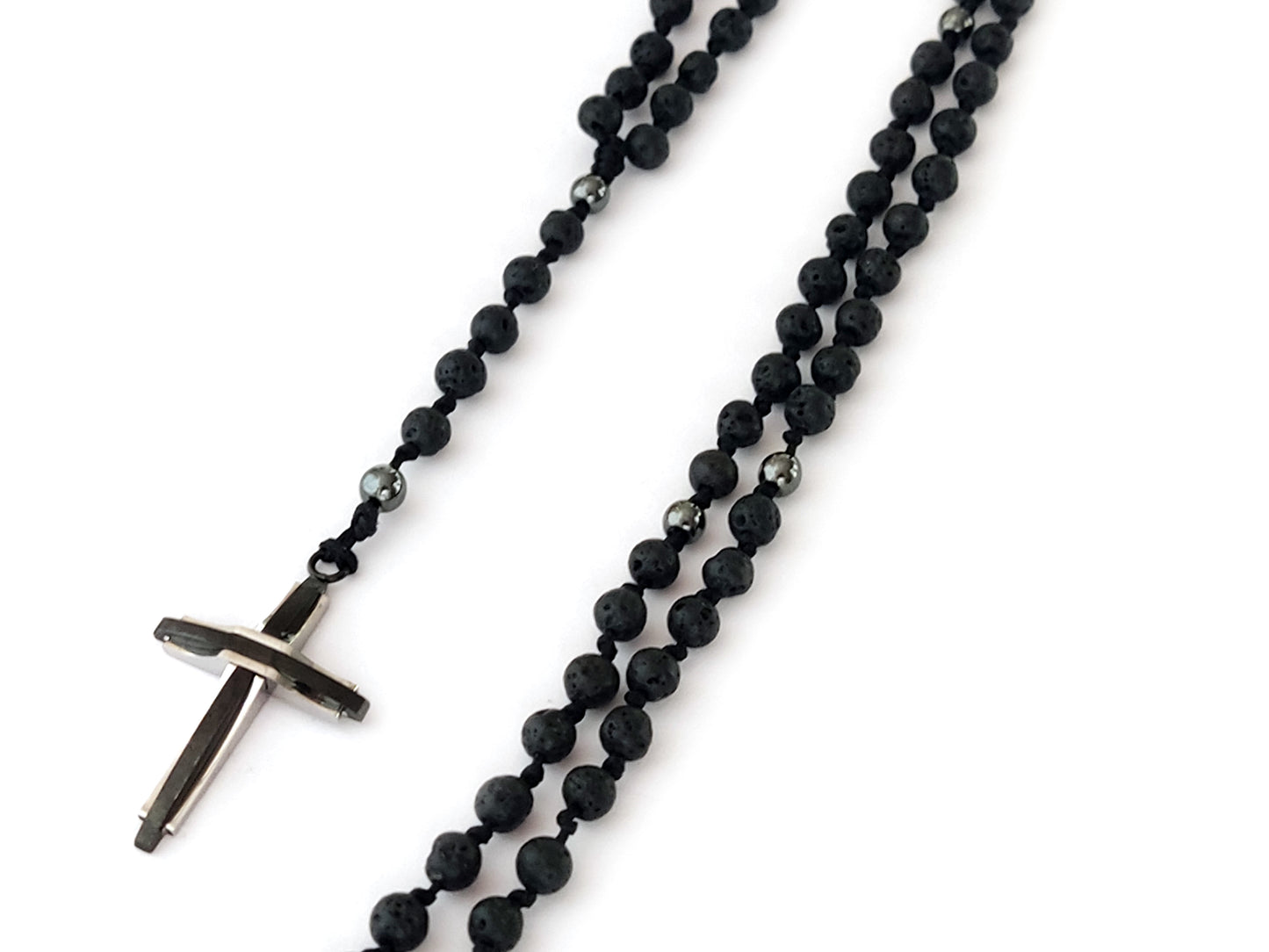 Handgefertigte Rosenkranz-Halskette mit natürlichen schwarzen Lava- und Hämatitsteinen | Edelstahlkreuz | Einstellbare Länge | Hergestellt in Griechenland