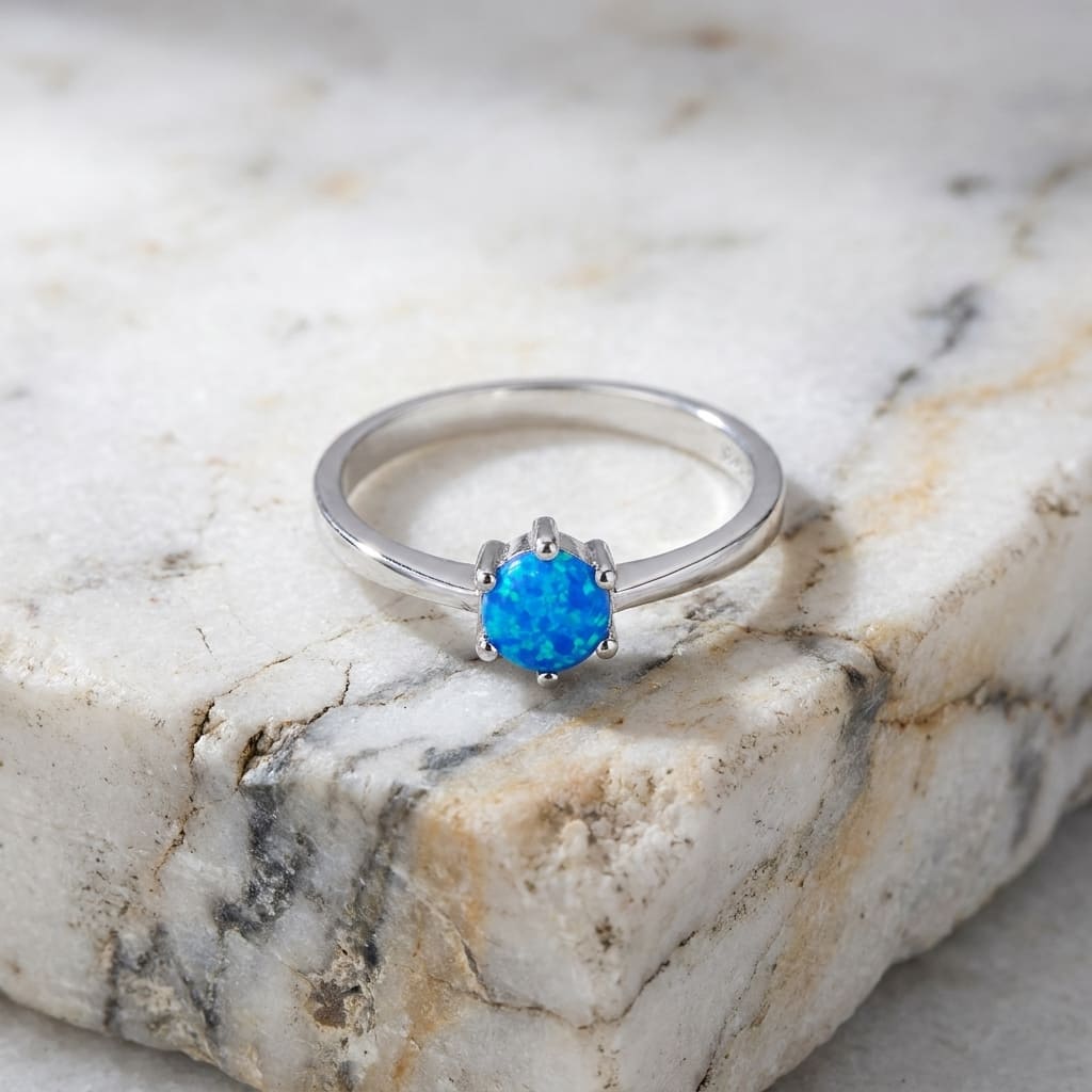 Blue opal round stone silver ring detail