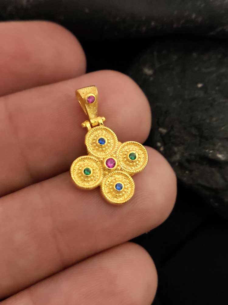 Handcrafted Byzantine Cross pendant in gold-plated Sterling Silver with sparkling multicolor cubic zirconia accents.
