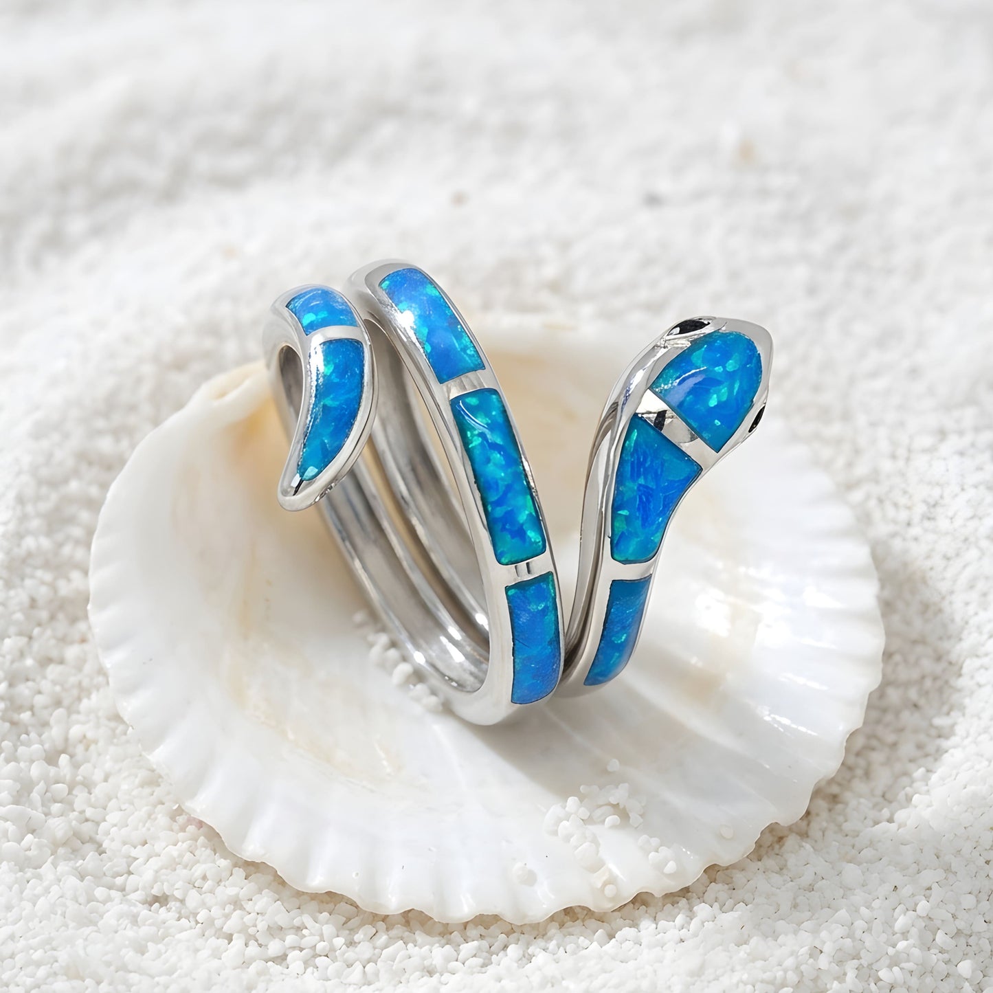 925 sterling silver snake ring with blue opal