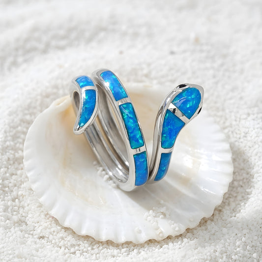 925 sterling silver snake ring with blue opal