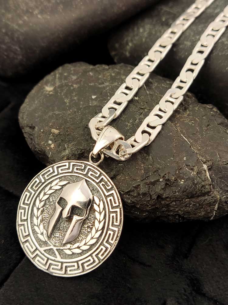 Unisex Sterling Silver Spartan Pendant – Made in Greece – The pendant shown worn on a chain, demonstrating its bold and versatile look.






