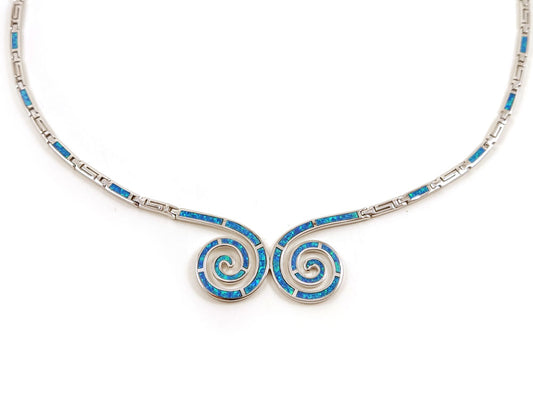 Greek Double Spiral Blue Opal Silver Necklace