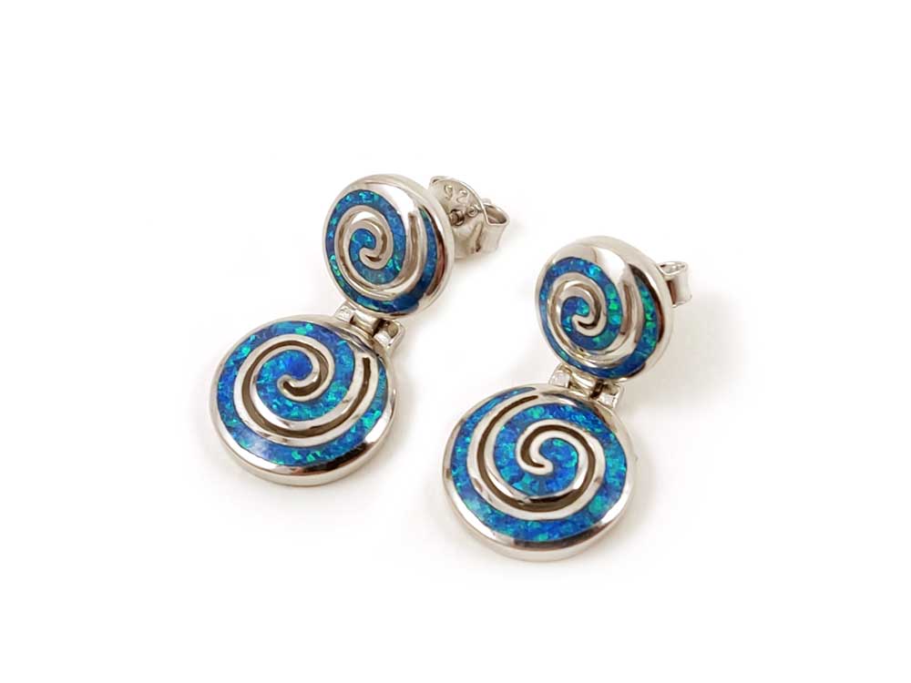 Close-up of Sterling Silver 925 Blue Opal Stud Earrings with Ancient Greek Infinity Spiral Key Design