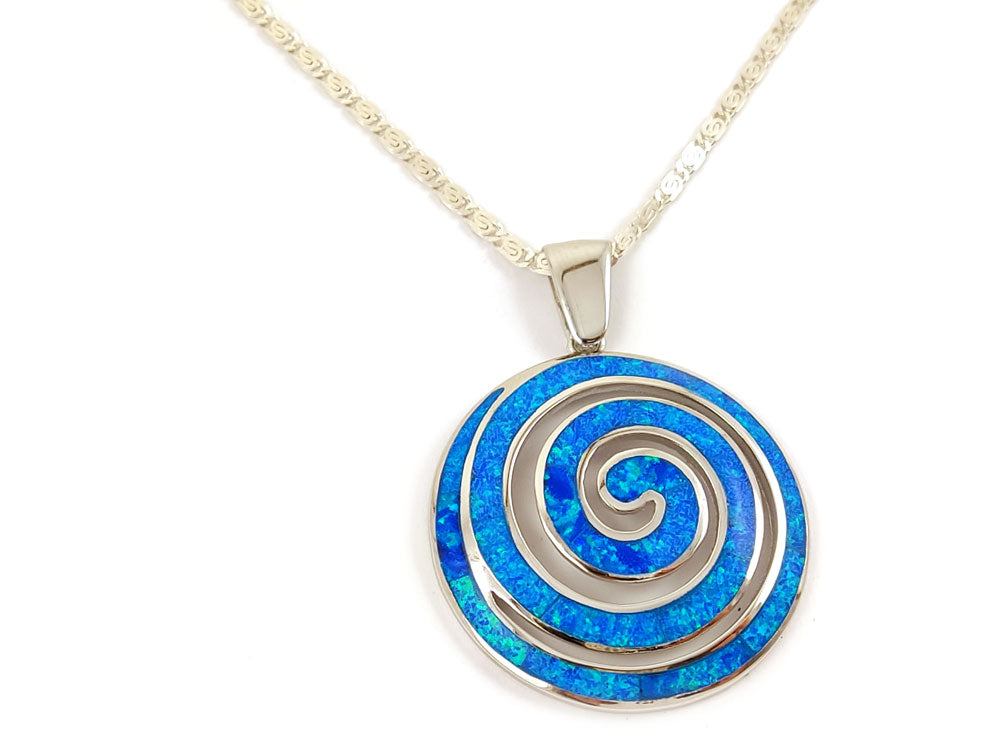 35mm Greek Spiral Blue Opal Pendant Necklace on chain, featuring a vibrant blue opal with intricate spiral design placed on white background.