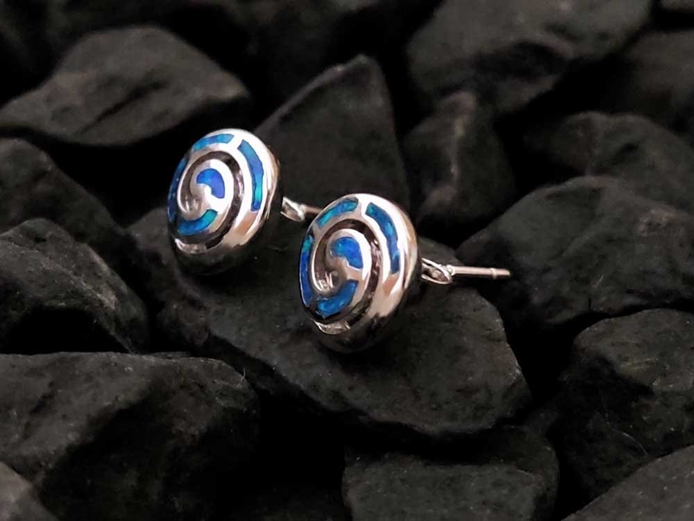 Greek Spiral Blue Opal Silver Studs Earrings 9mm