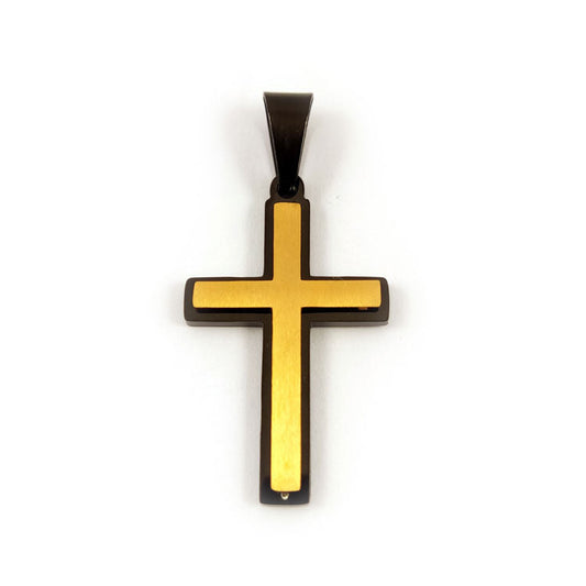 Black and gold stainless steel cross pendant front view