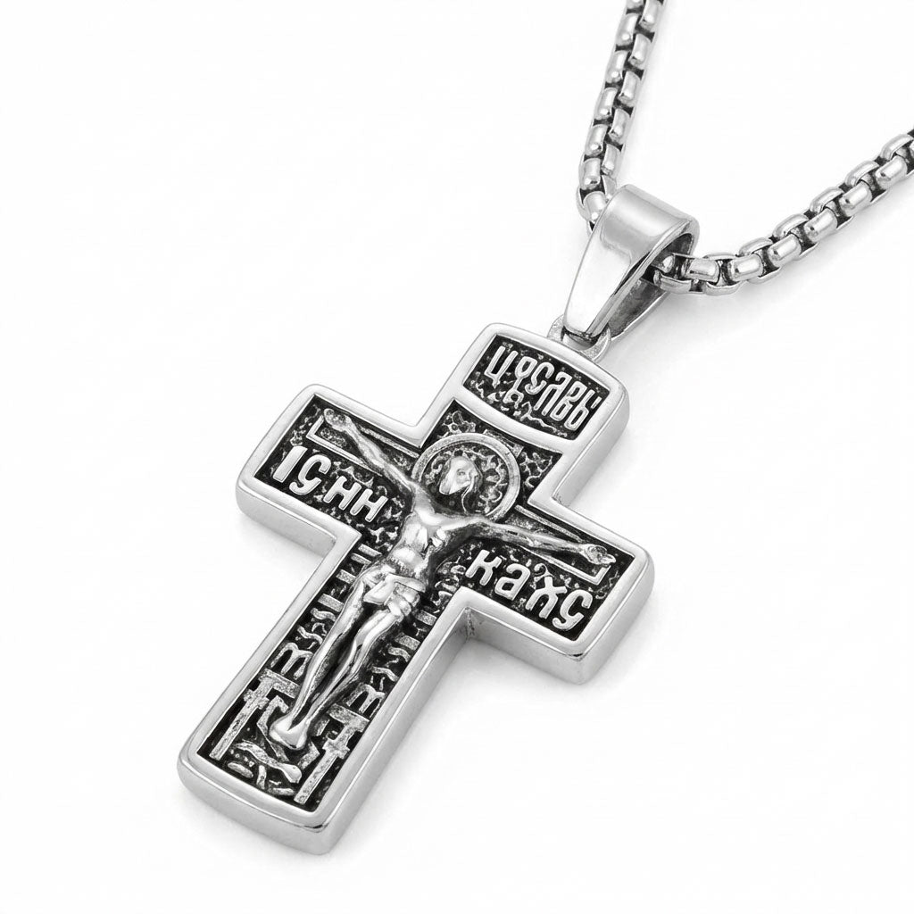 greek cross necklace on chain close up