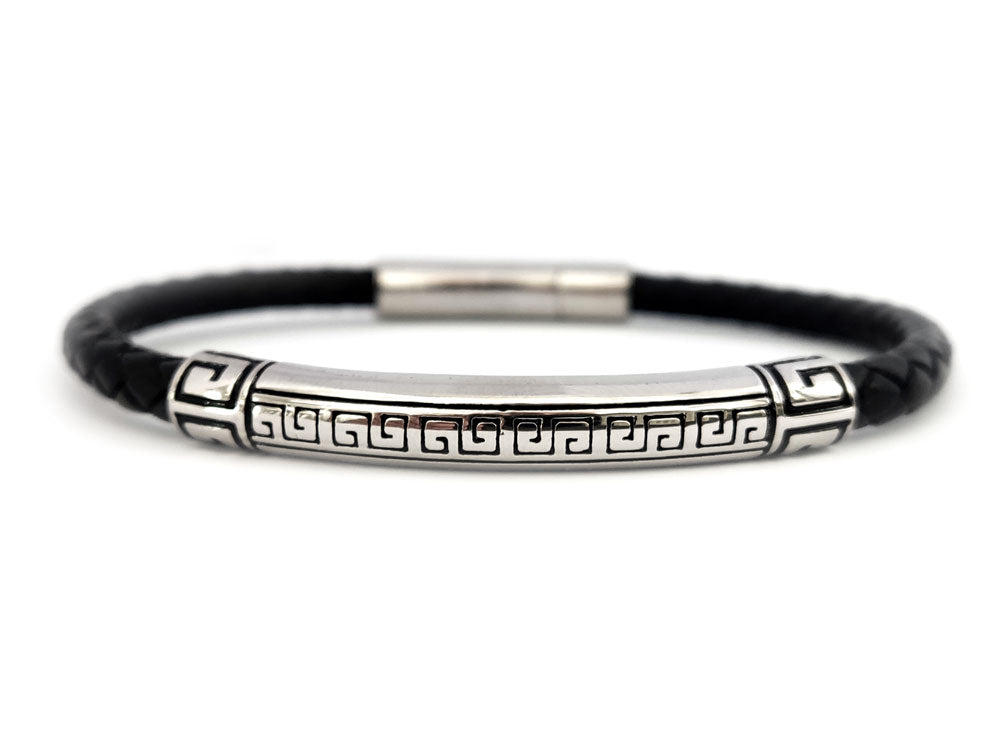 Stainless steel and genuine leather Greek Key bracelet 

