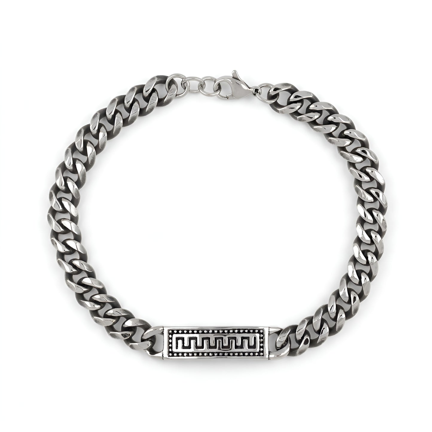 Greek stainless steel bracelet on white background.