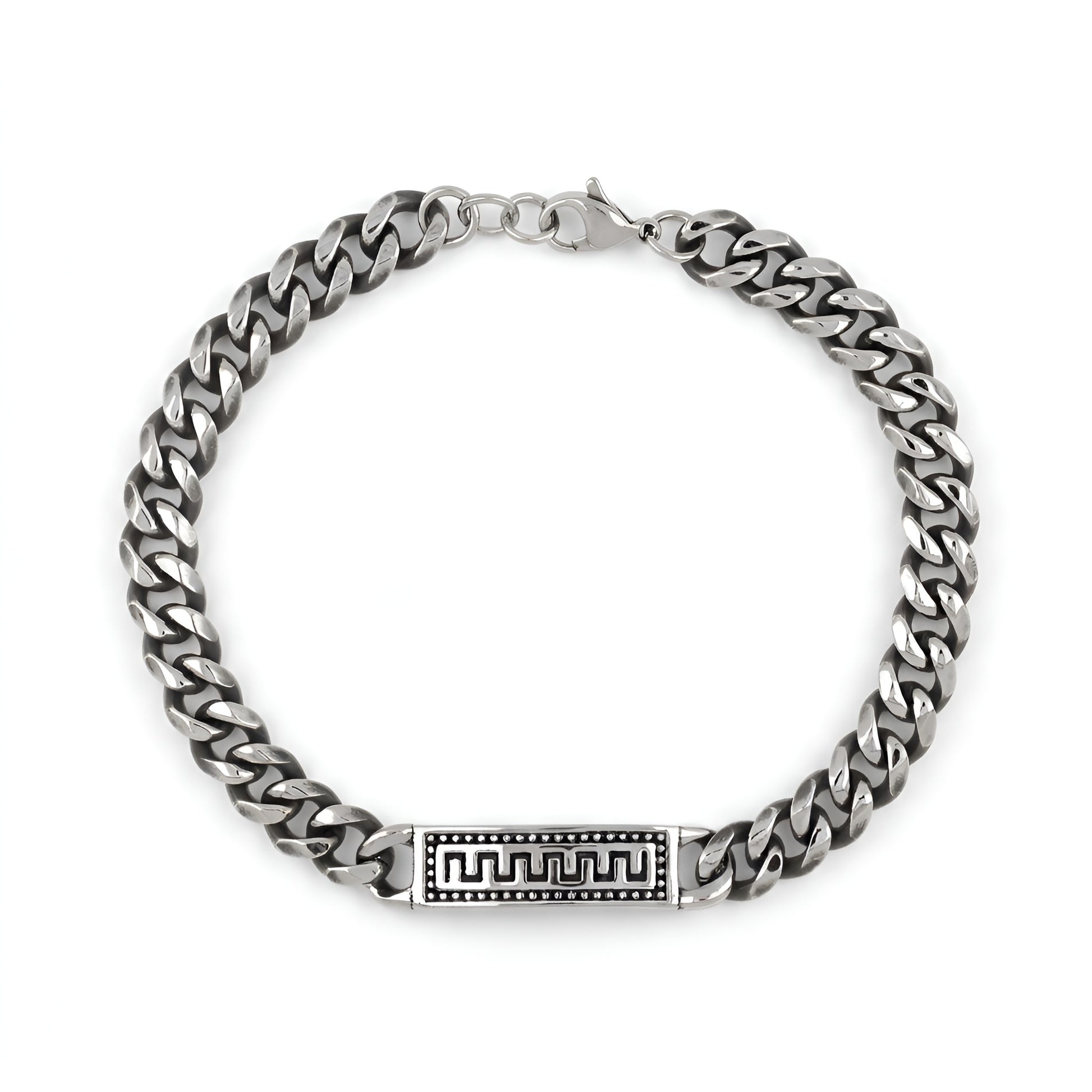 Greek stainless steel bracelet on white background.