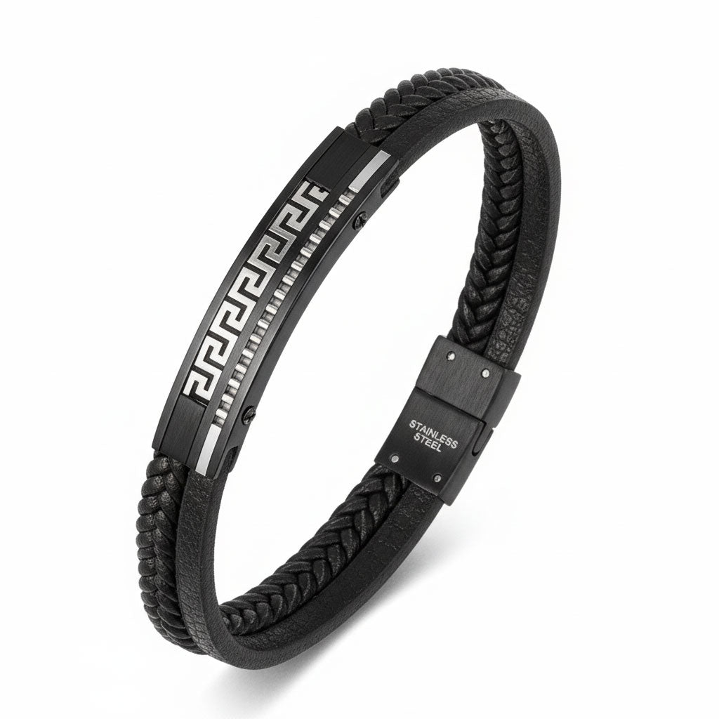 • Men’s silver black leather bracelet 10mm width made in Greece
