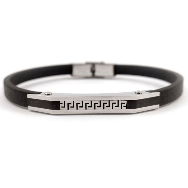 Men’s stainless steel and black leather bracelet silver black 6mm
