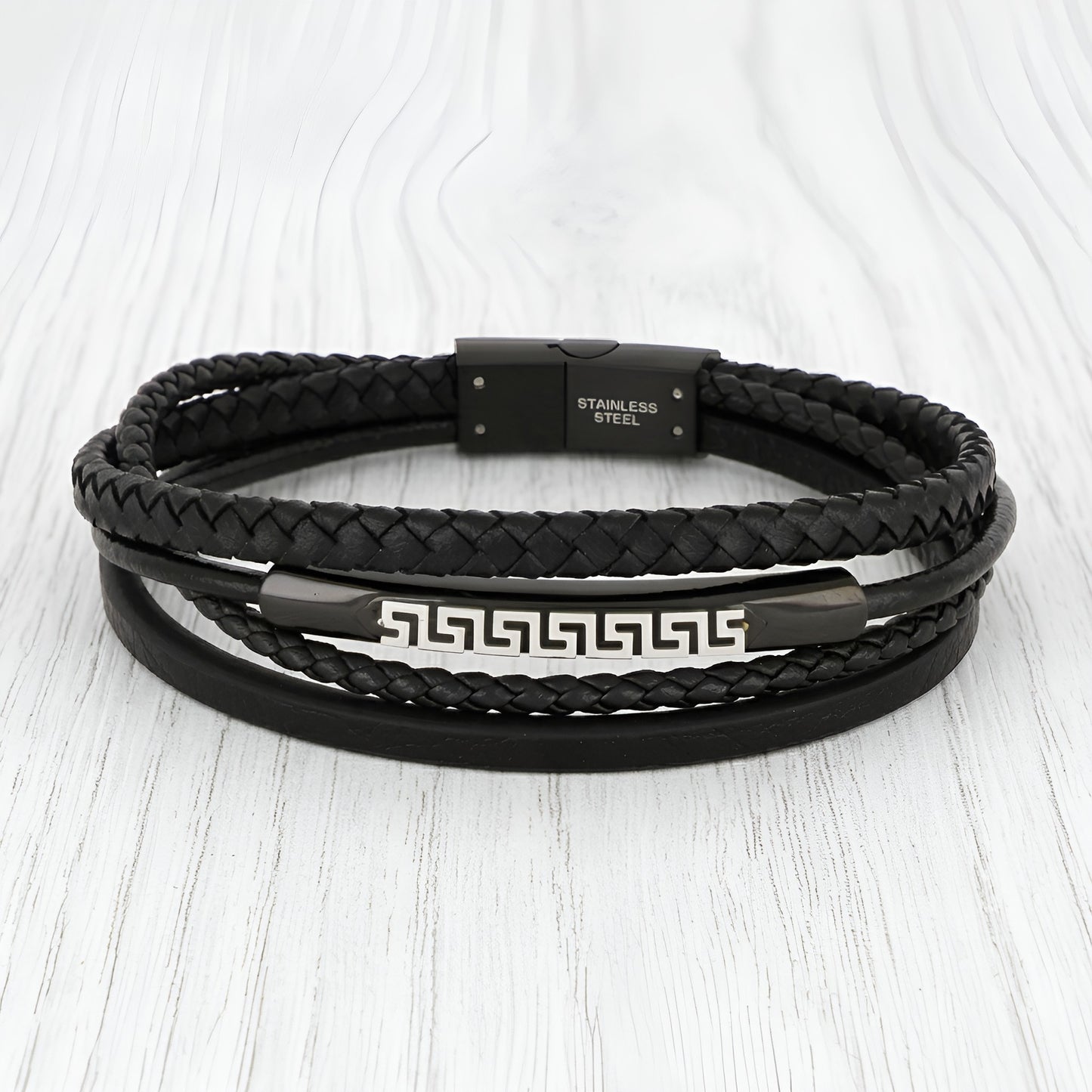 Stainless steel Greek Key Meander bracelet with black leather