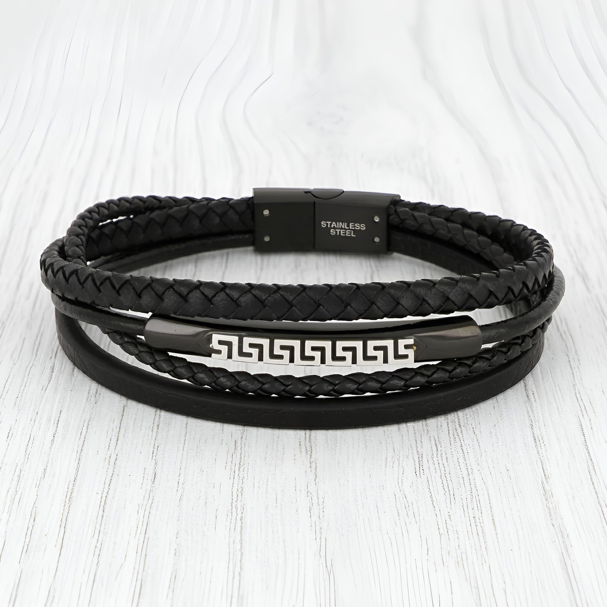 Stainless steel Greek Key Meander bracelet with black leather