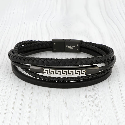Stainless steel Greek Key Meander bracelet with black leather