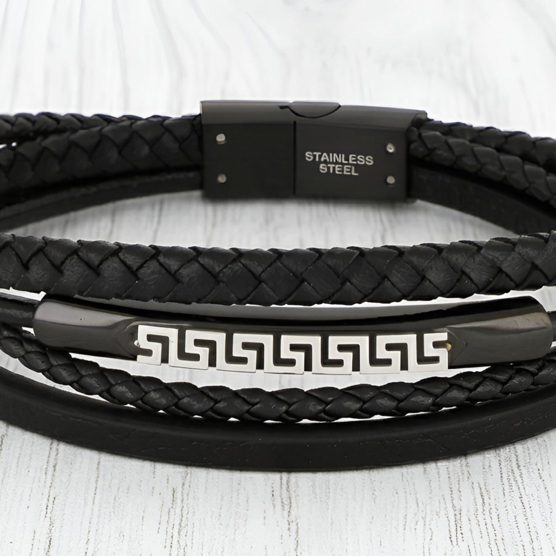Greek Key bracelet made in Greece with real black leather