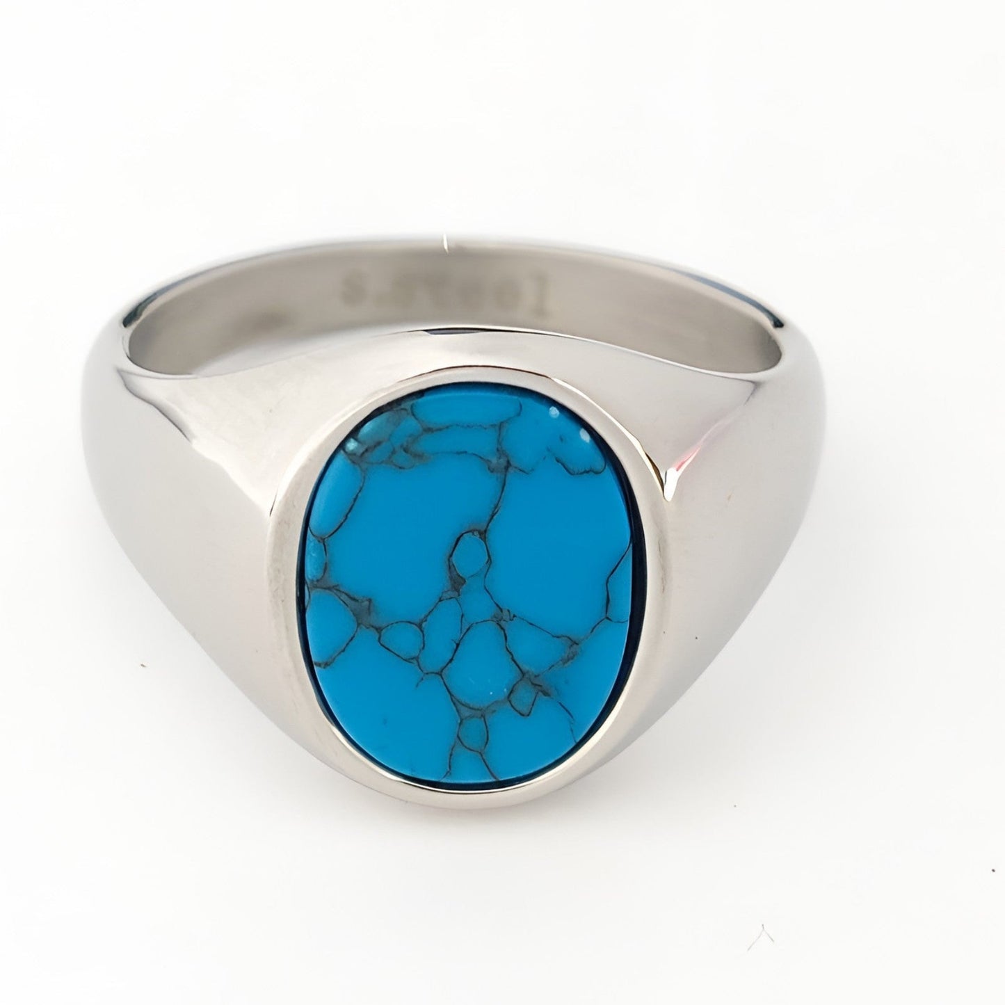 Stainless steel oval turquoise ring made in Greece