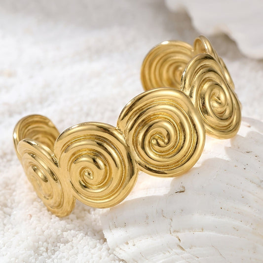 Stainless steel gold plated adjustable cuff bracelet with Circle of Life designs