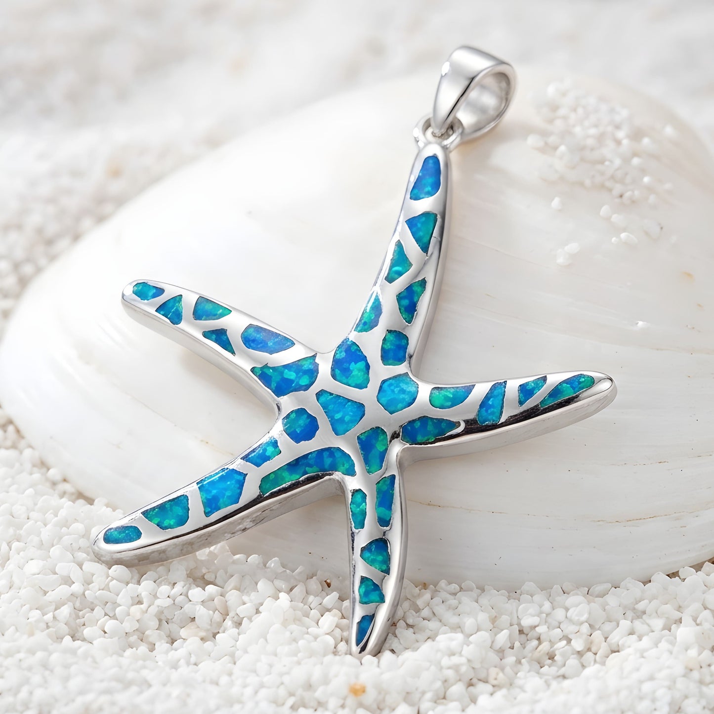 Sterling Silver 925 blue opal starfish big pendant made in Greece