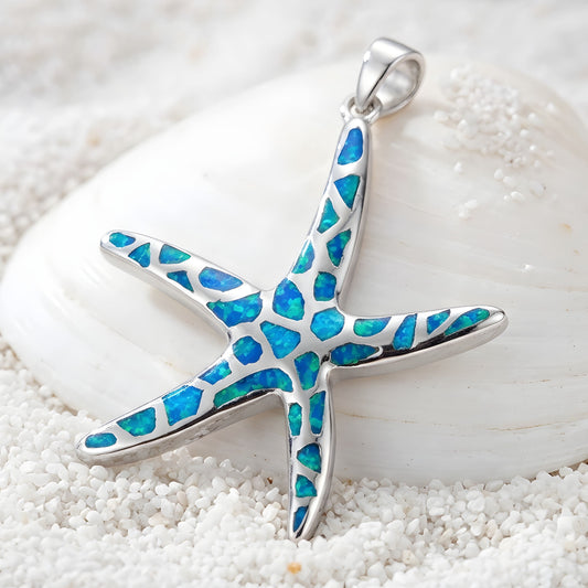 Sterling Silver 925 blue opal starfish big pendant made in Greece