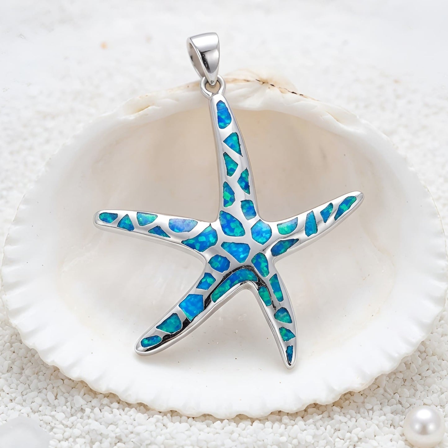 Large 925 sterling silver starfish pendant with blue opal