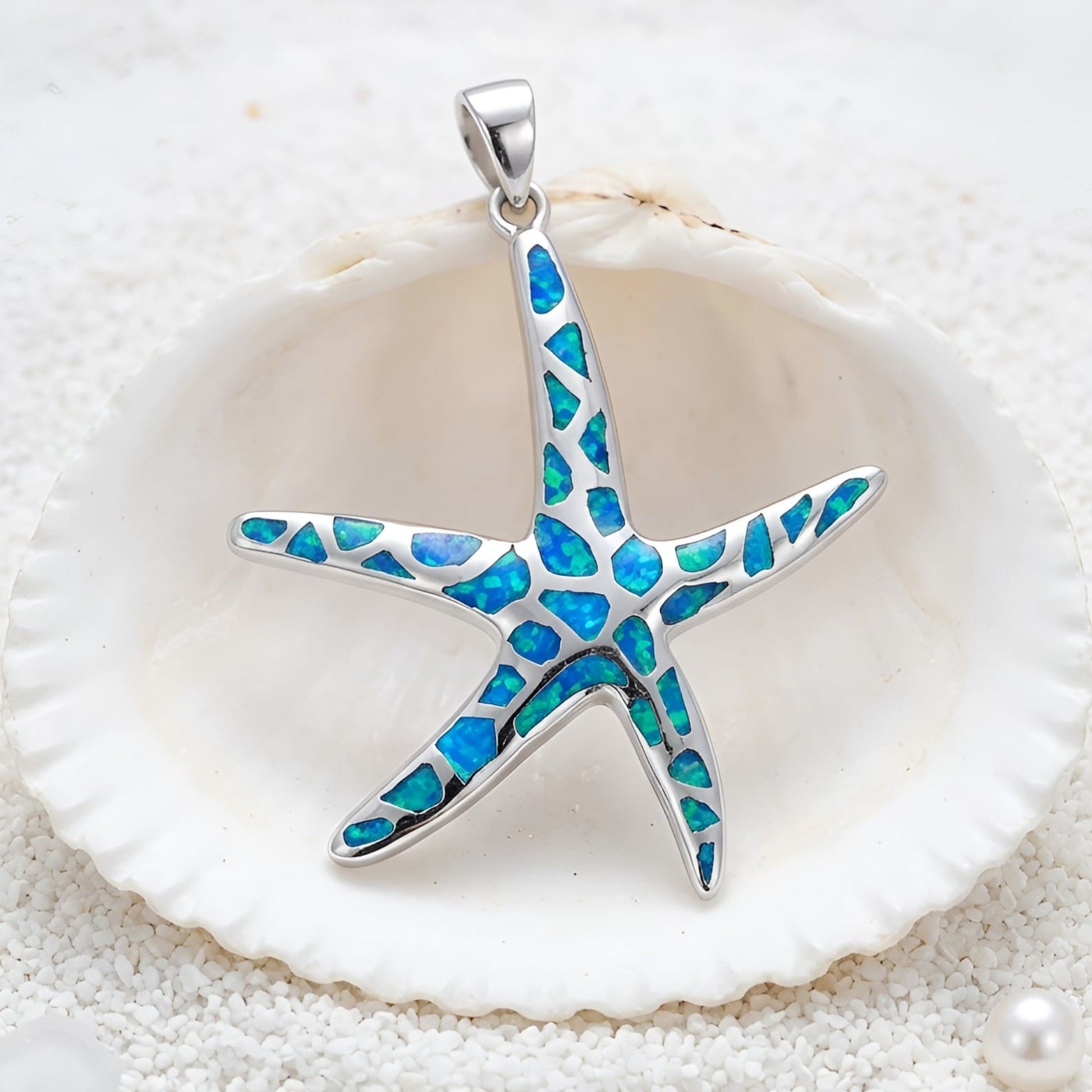 Large 925 sterling silver starfish pendant with blue opal