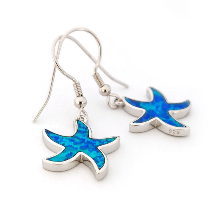 Sterling Silver 925 Blue Opal Starfish Dangle Earrings 14x15mm