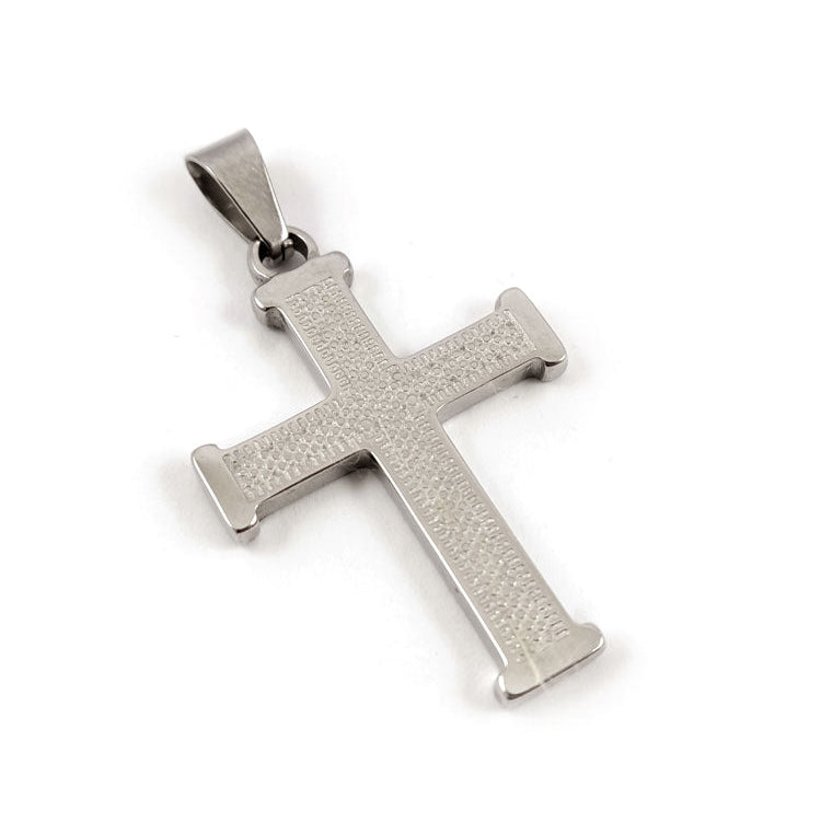 Modern cross pendant showing polished stainless steel finish