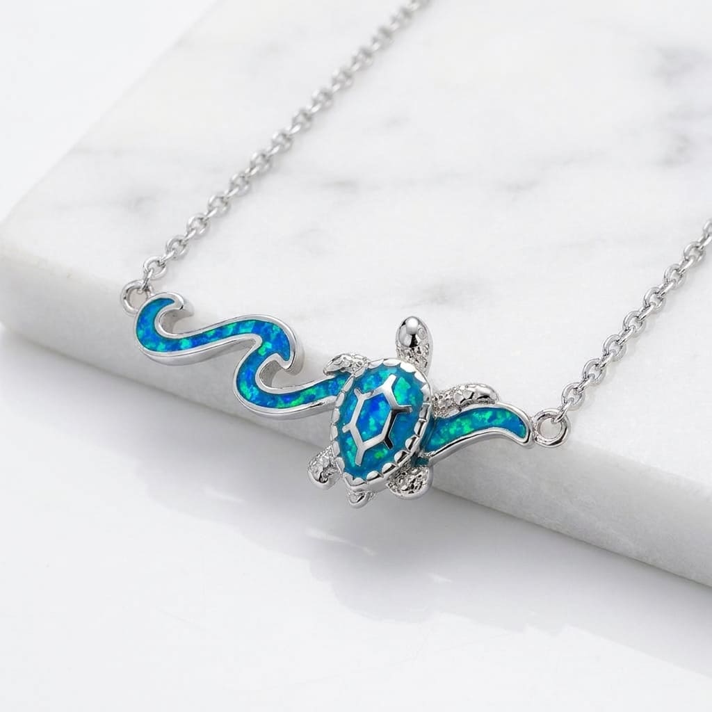 Sterling Silver 925 blue opal sea turtle necklace with sea wave design