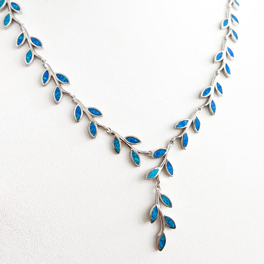 Blue Opal Leaf Leaves Greek Silver Necklace
