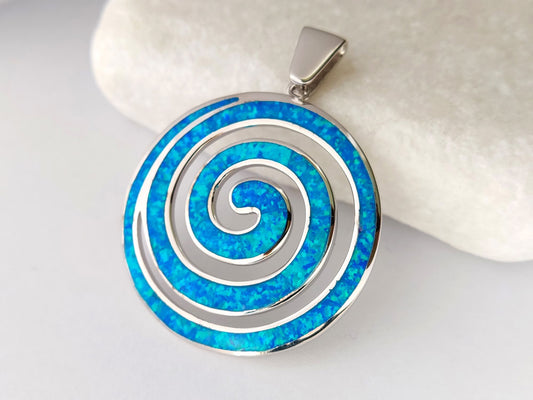 Sterling Silver 925 Blue Opal Greek Spiral Pendant 35mm front view