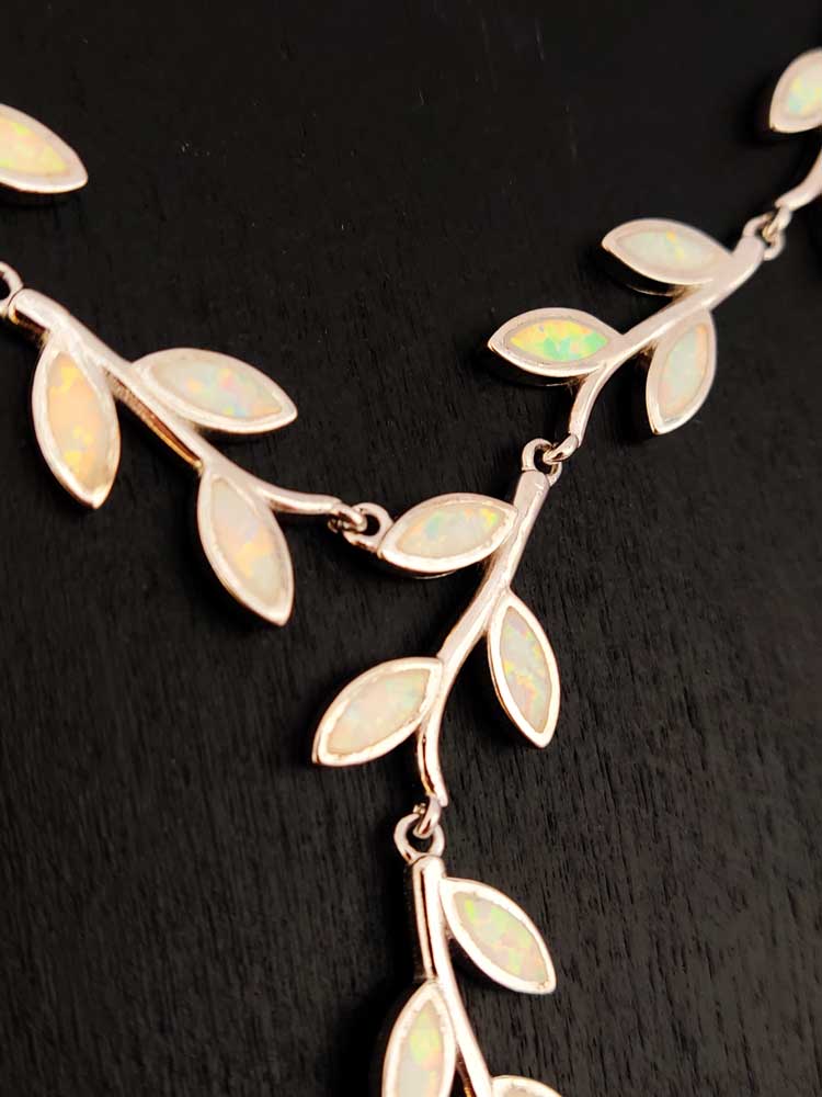 Sterling Silver 925 White Opal Leaf Leaves Necklace