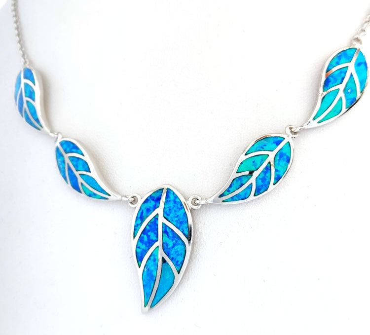 "Nature-Inspired Leaf Design Necklace in Sterling Silver with Opal Inlays"


