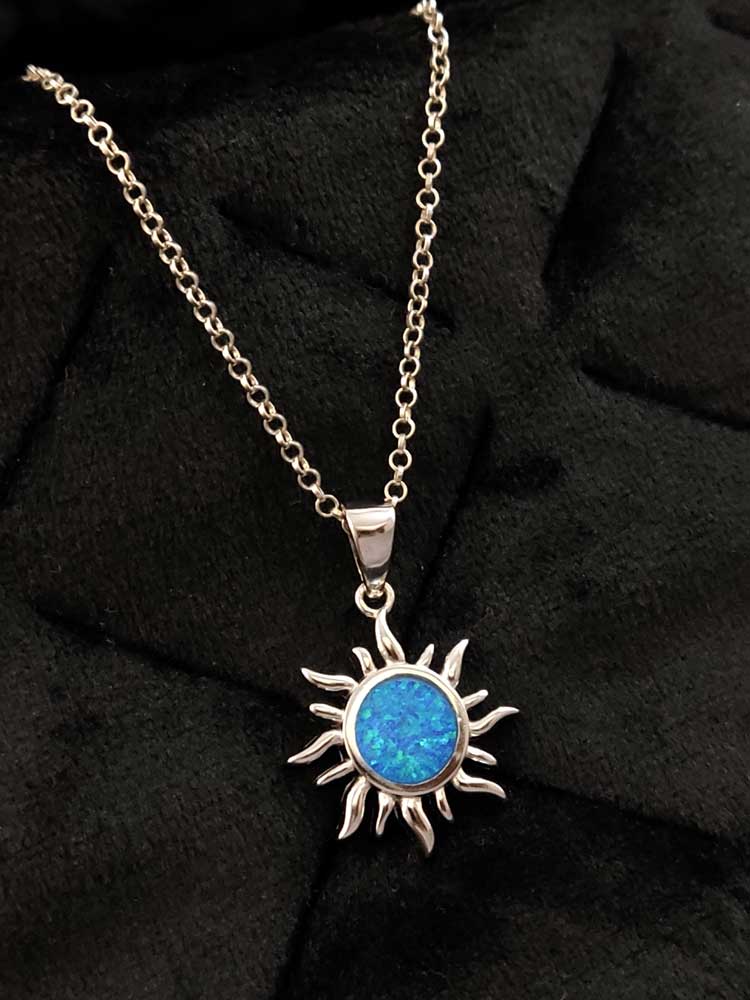 Blue Opal Sun Pendant Necklace on a silver chain, made in Greece.
