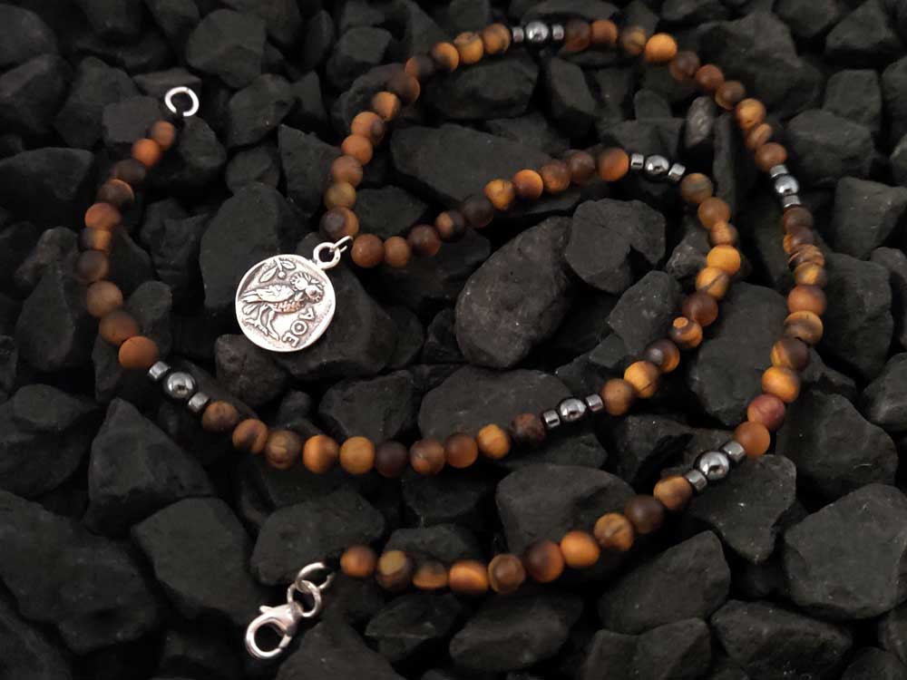 Handmade Greek Necklace With Natural Tiger Eye And Sterling Silver 925 Double Side Athena Owl Coin Pendant Necklace