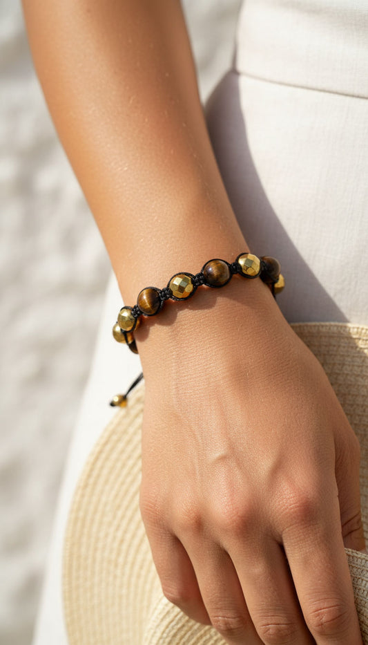 Tiger’s Eye & Gold Hematite Shamballa Bracelet – Handmade in Greece