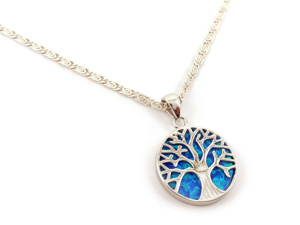 Tree of life silver round pendant with blue opal stone measuring 18mm on Greek meander silver chain 2mm width.
