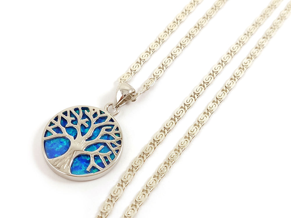 Halskette mit Anhänger Baum des Lebens, blauer Opal, 18 mm