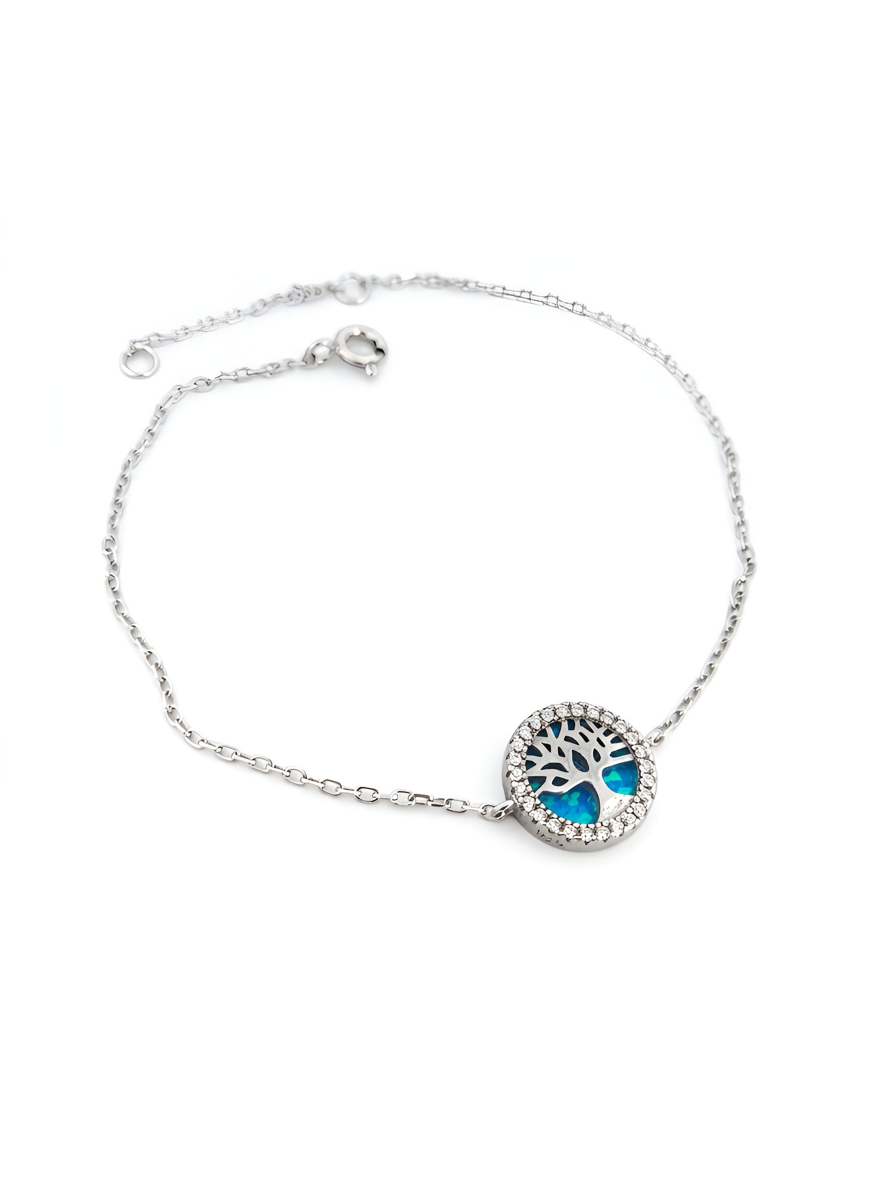 Greek sterling silver bracelet featuring blue opal Tree of Life design