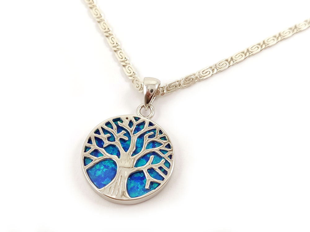 Halskette mit Anhänger Baum des Lebens, blauer Opal, 18 mm