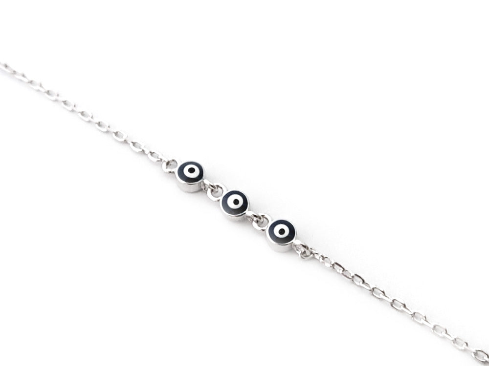 "Triple evil eye bracelet in 925 sterling silver, handmade in Greece – front view on white background"

