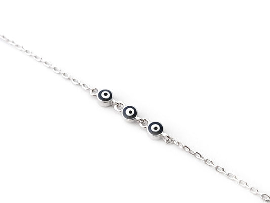 "Triple evil eye bracelet in 925 sterling silver, handmade in Greece – front view on white background"

