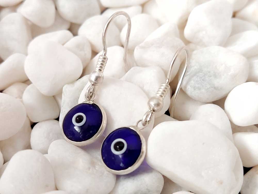 Evil Eye Nazar Mati Dark Blue Greek Silver Dangle Earrings 10mm
