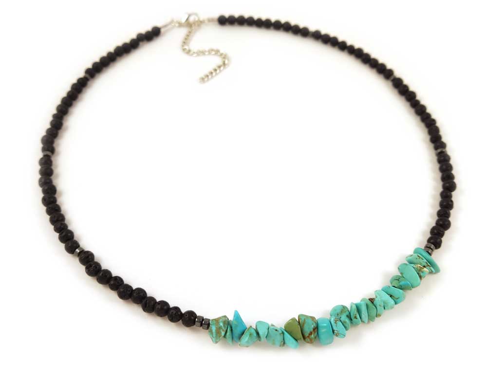 Greek Necklace with Natural Lava & Turquoise – A handcrafted necklace made in Greece, featuring grounding lava stones and protective turquoise nuggets, elegantly displayed on a neutral background.

