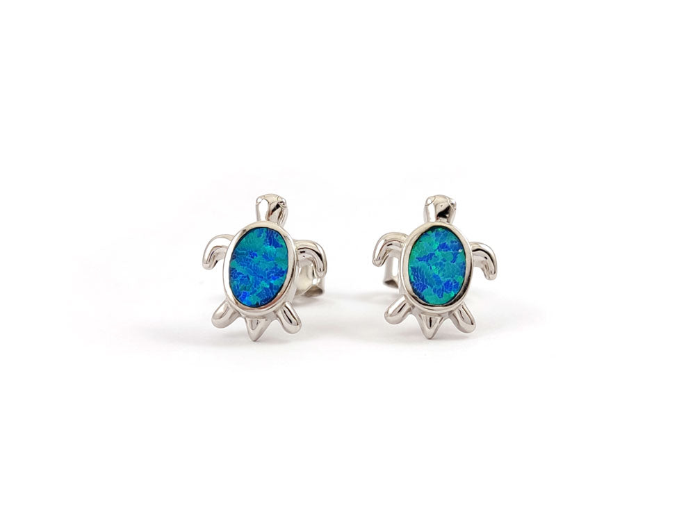 Blue Opal Turtle Small Silver Earrings 12x9mm