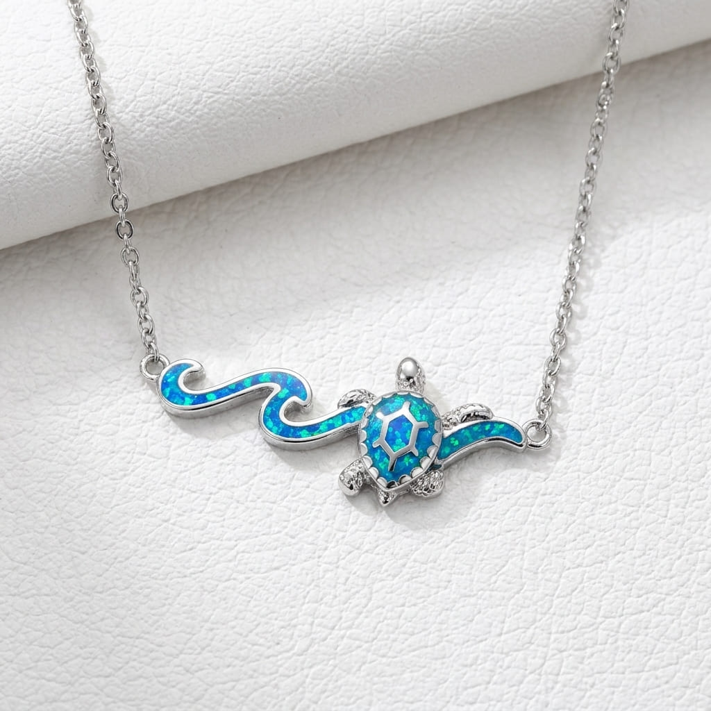 Adjustable 40-45 cm blue opal sea turtle jewelry made in Greece