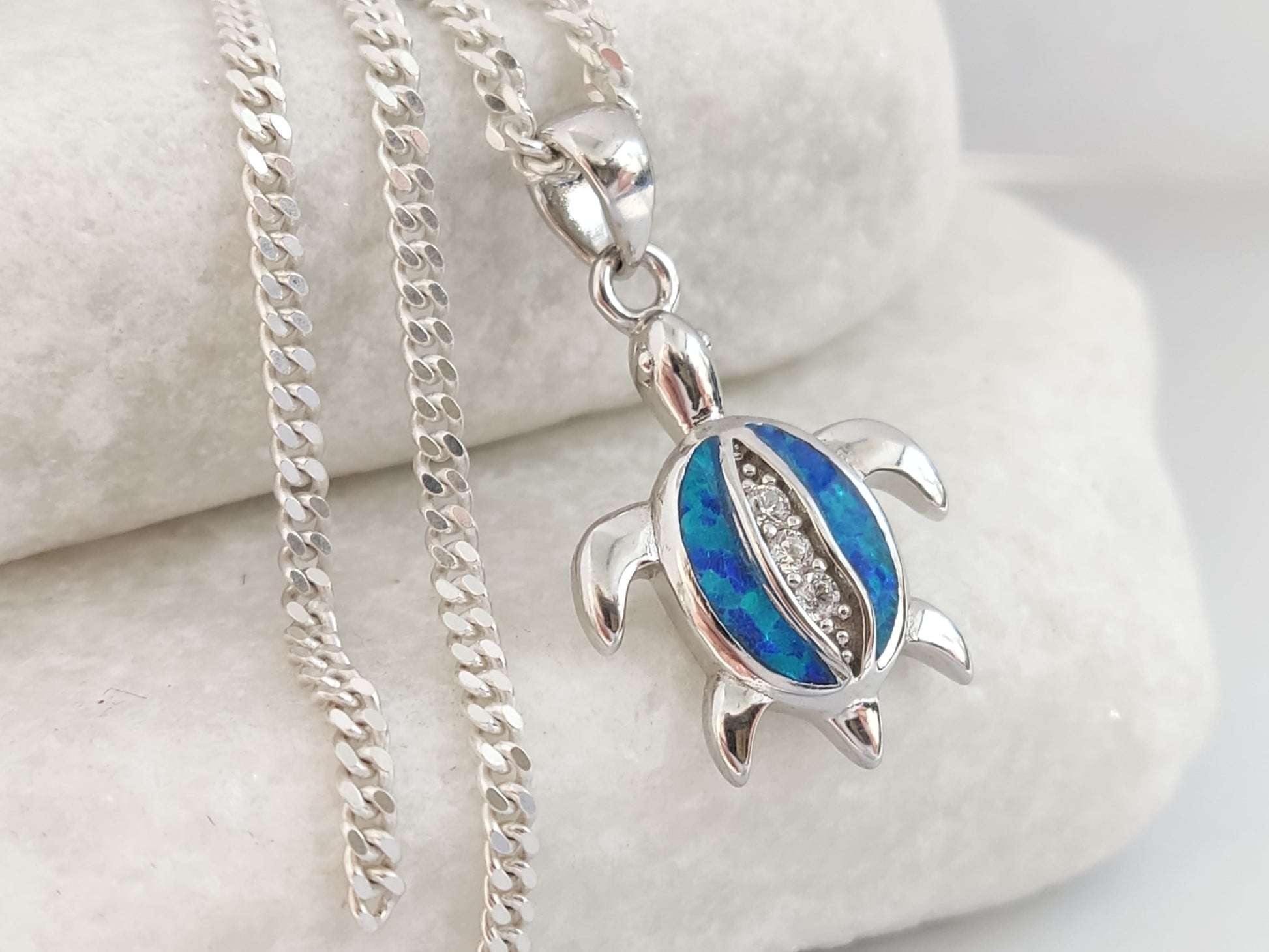 Sterling Silver 925 Greek Sea Turtle Pendant with Blue Opal